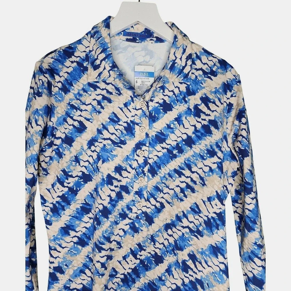 J McLaughlin Court Polo Top S Vesper Blue Tan 3/4 Sleeve Popover Tennis‎ Preppy